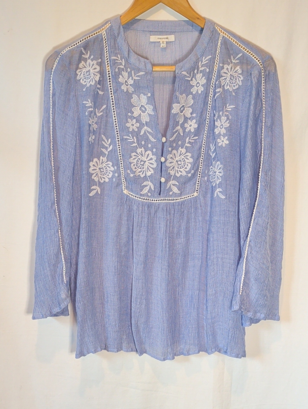 Maurices Light Blue Embroidered Peasant Tunic Top